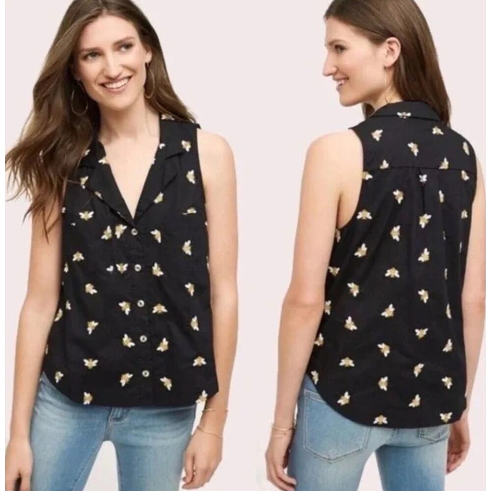 Anthro HD in Paris Embroidered Winnie Bee Sleeveless Button Down Top Black sz 0